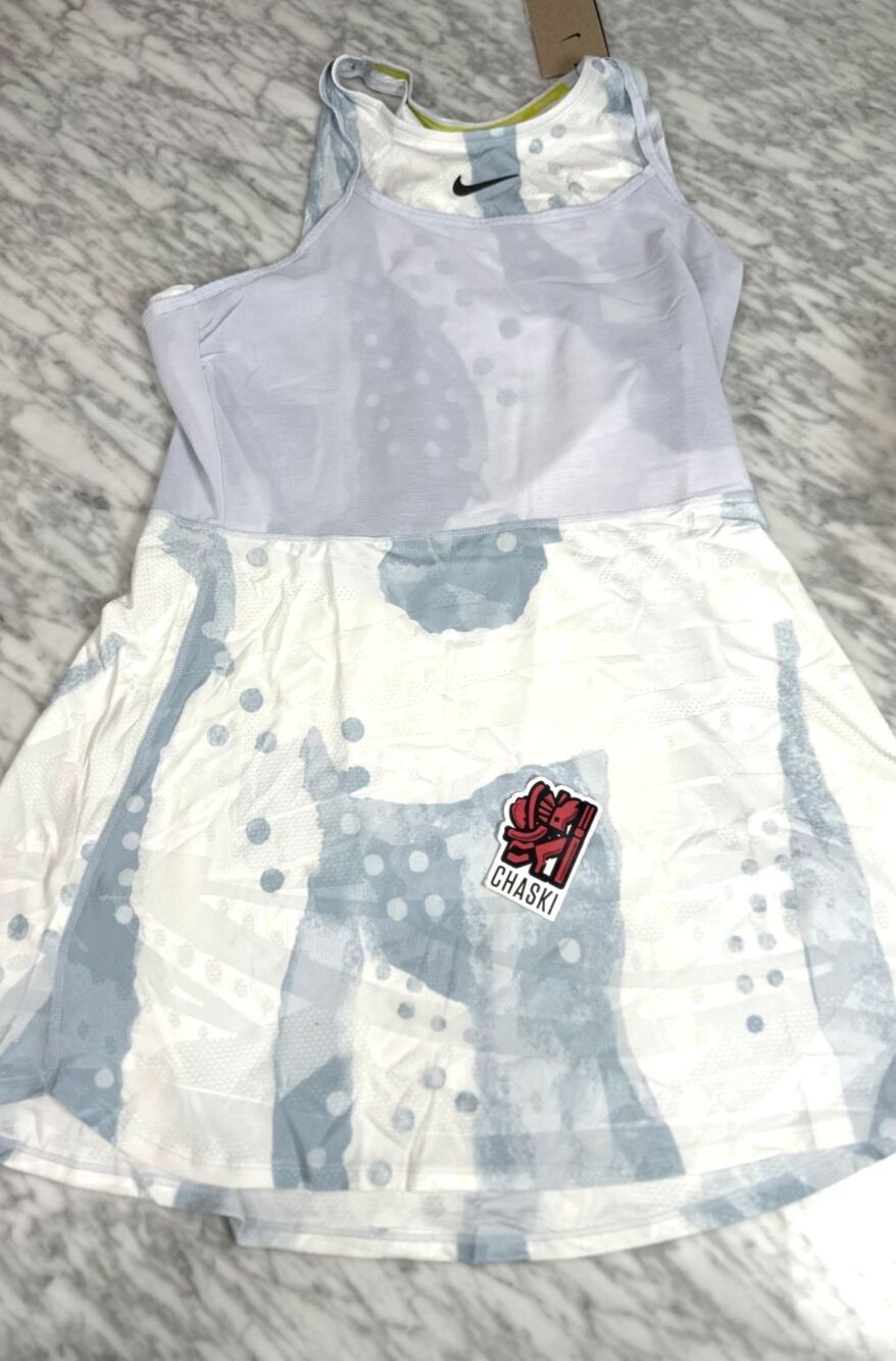 Nike Court Slam Dri-Fit Printed Tennis Dress Light Blue Women's Large HM8646-121